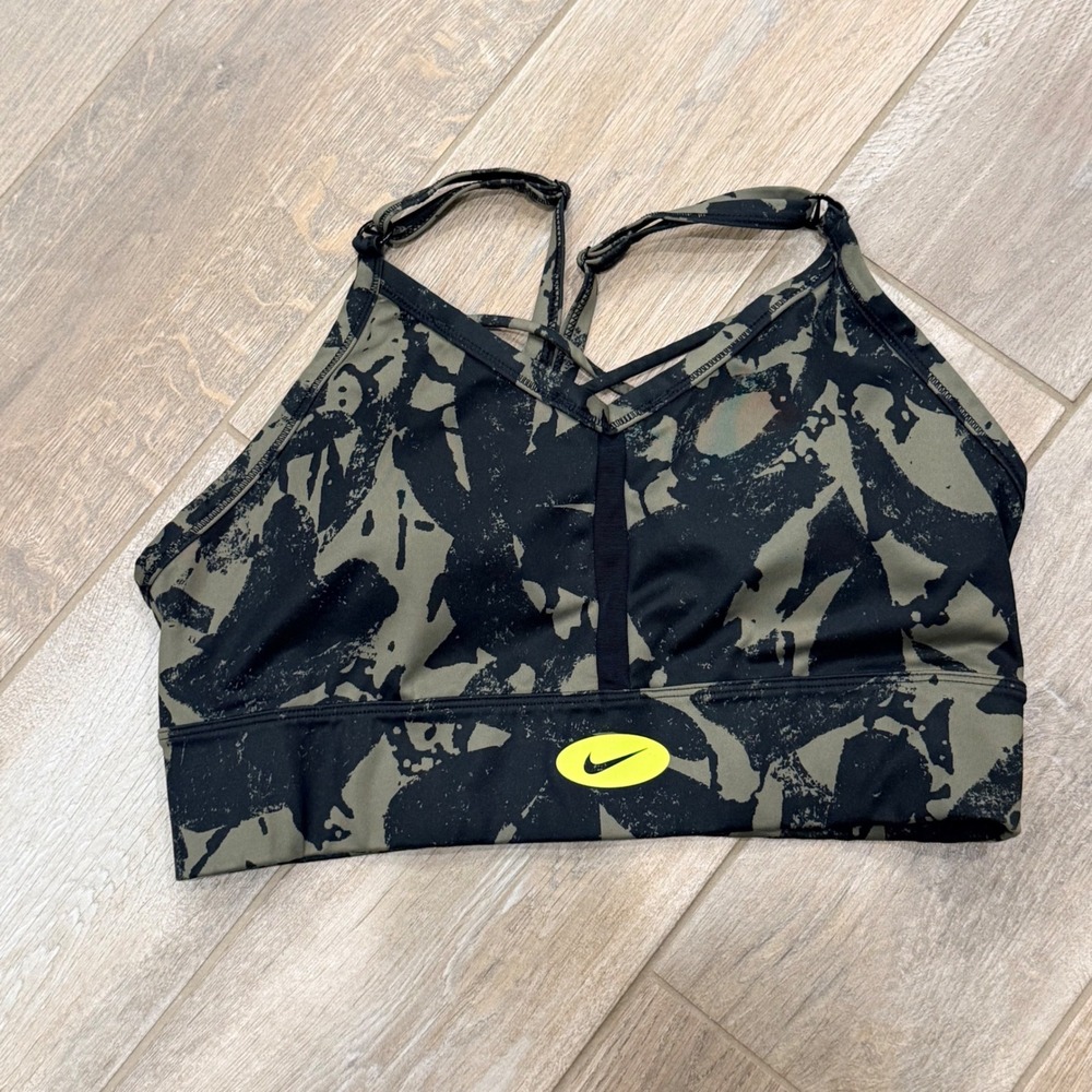 Nike Dri-FIT Indy Sports Bra XL Olive Green Black Abstract Camo Strappy Mesh